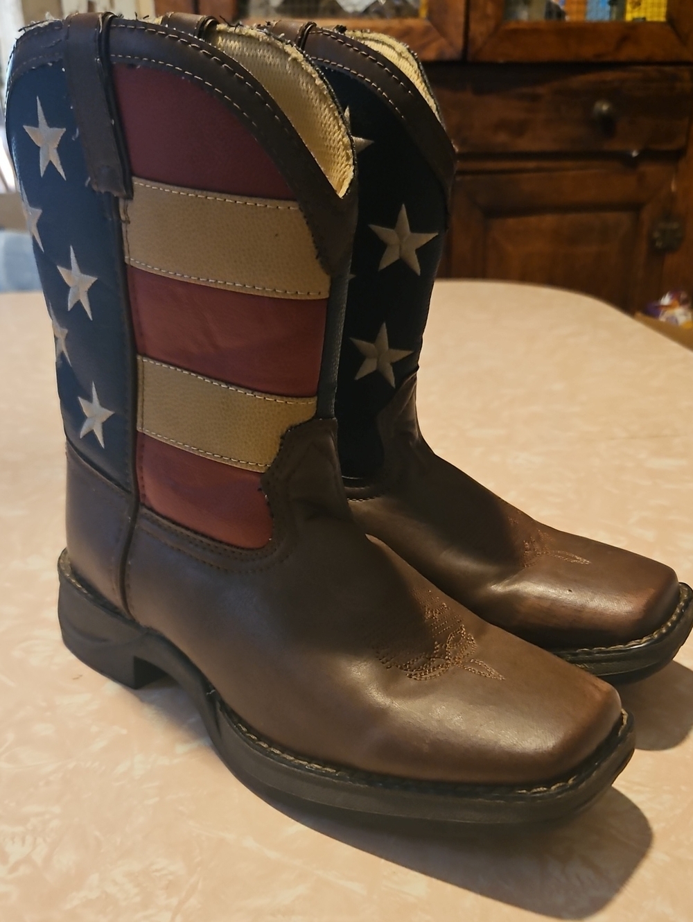 Durango Kids Brown Western Boots with Red, White & Blue Flag Shaft